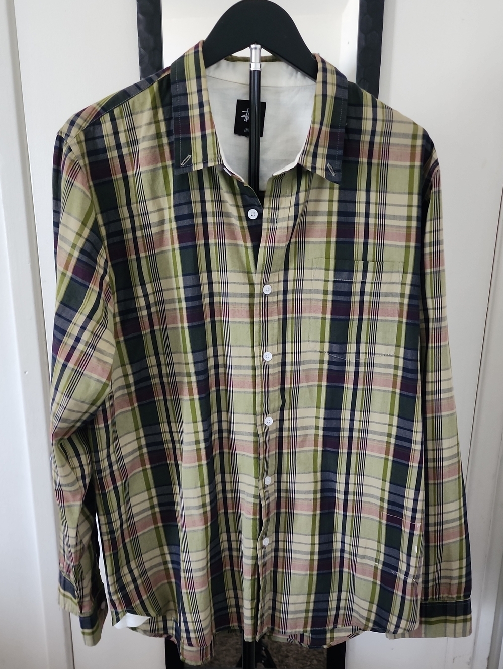 Stussy Green Plaid Button-Down Shirt with Navy & Pink Accents